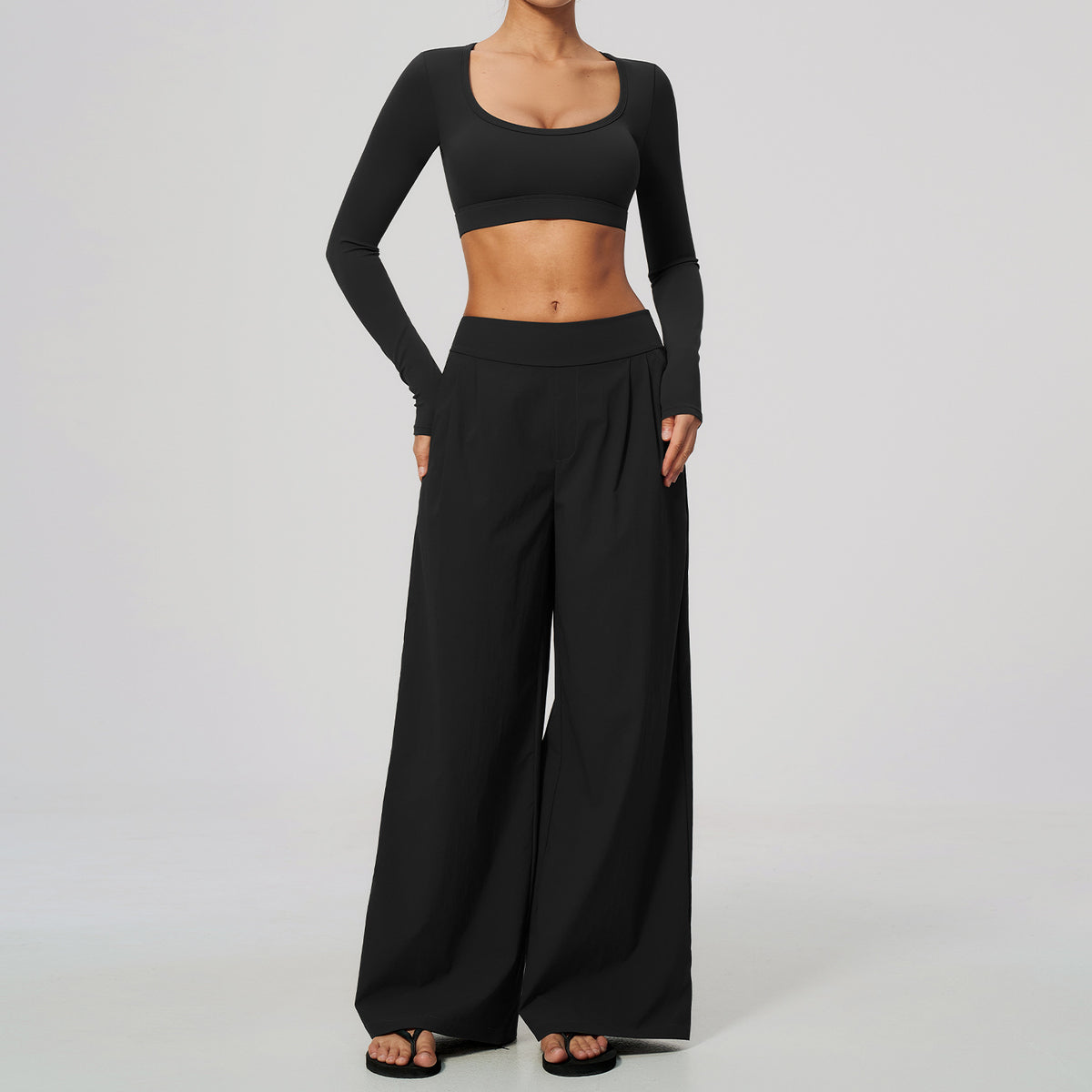2 Piece Set Women U Neck Long Sleeve Short Workout Top with Removable Padded and High Waist Loose Casual Sports Wide Leg Pants