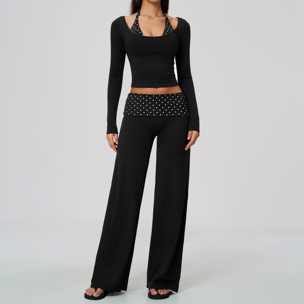 Women 2 Piece Yoga Set Halter Fake Two Piece Long Sleeve Yoga Top and Fold Over Striped Waist Wide Leg Workout Pants
