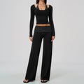 Women 2 Piece Yoga Set Halter Fake Two Piece Long Sleeve Yoga Top and Fold Over Striped Waist Wide Leg Workout Pants