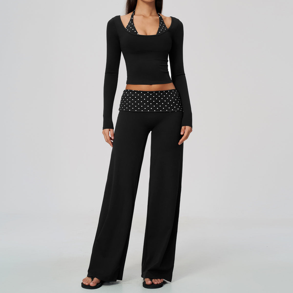 Women 2 Piece Yoga Set Halter Fake Two Piece Long Sleeve Yoga Top and Fold Over Striped Waist Wide Leg Workout Pants