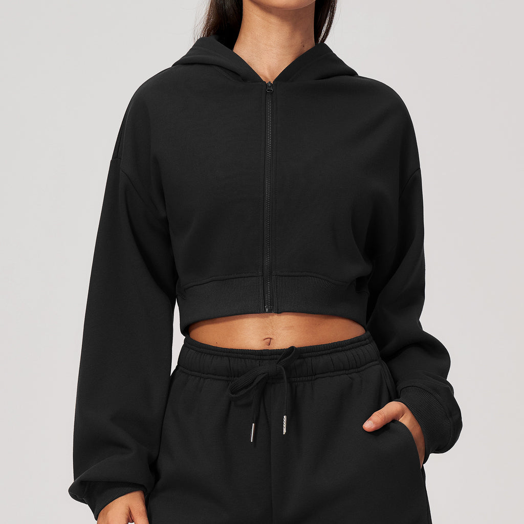 Women Fleece Lined Cropped Zip Up Hoodie Oversized Warm Hooded Jacket for Autumn Winter