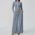 2 Piece Workout Loungewear Set Women Ribbed Striped Stand Collar Long Sleeve Cropped Zip up Jacket and Elastic Drawstring Waist Wide Leg Pants with Pocket