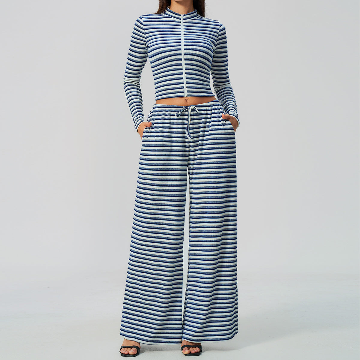 2 Piece Workout Loungewear Set Women Ribbed Striped Stand Collar Long Sleeve Cropped Zip up Jacket and Elastic Drawstring Waist Wide Leg Pants with Pocket
