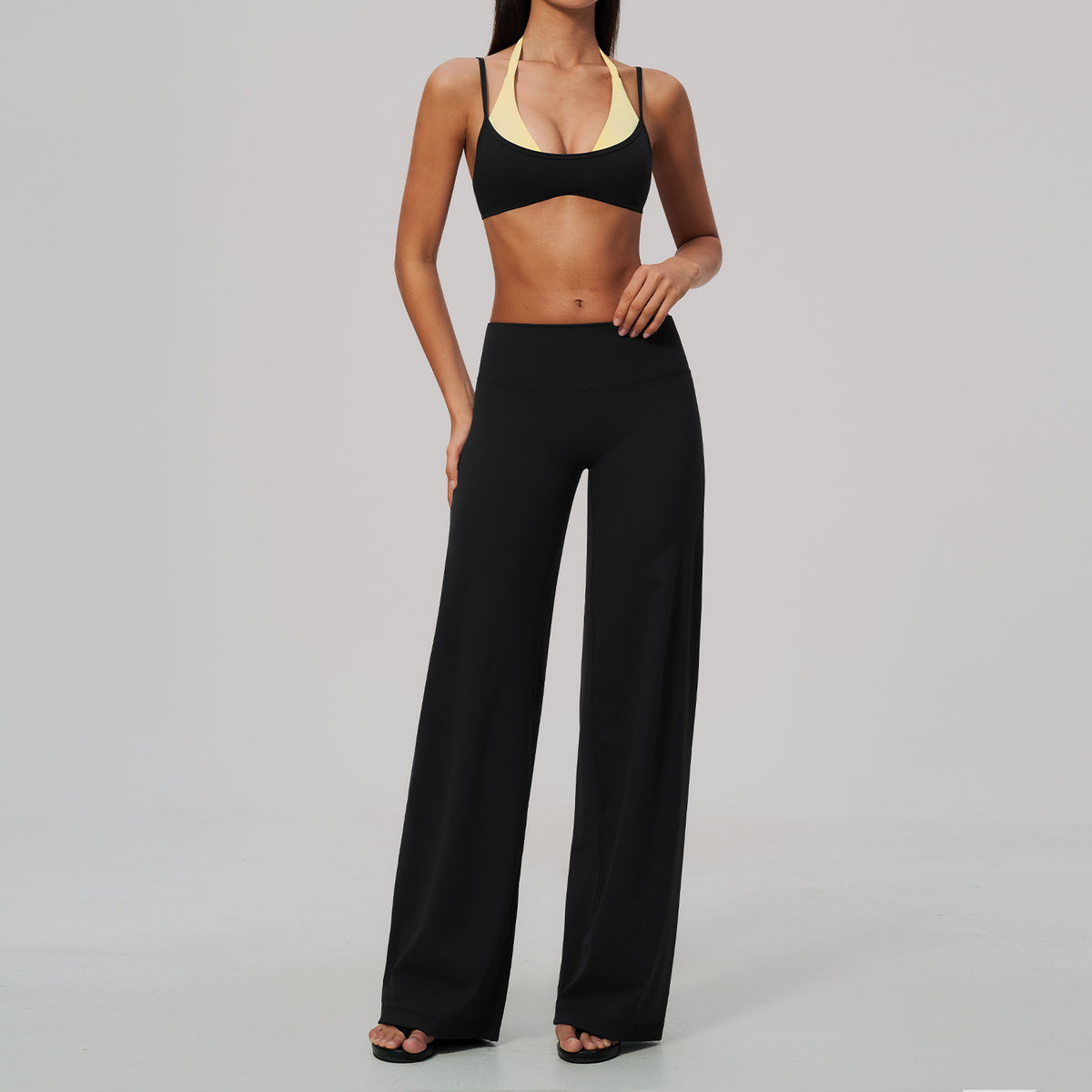 2 Piece Colorblock Double Strap Halter Sports Bra and High Waisted Loose Fit Wide Leg Yoga Pants Set
