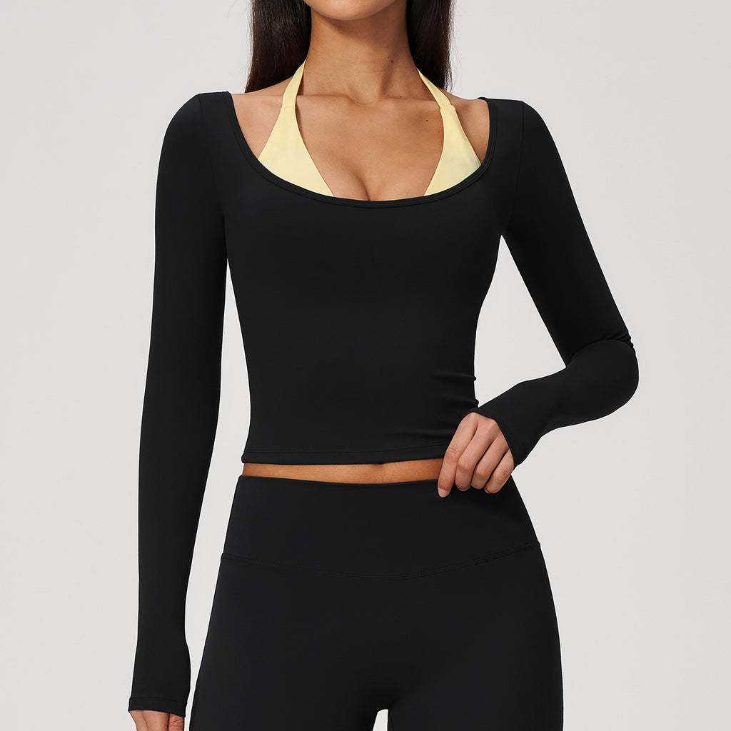 Women Colorblock Double Strap Halter Long Sleeve Cropped Fitness Yoga Top with Chest Pads