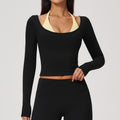 Women Colorblock Double Strap Halter Long Sleeve Cropped Fitness Yoga Top with Chest Pads