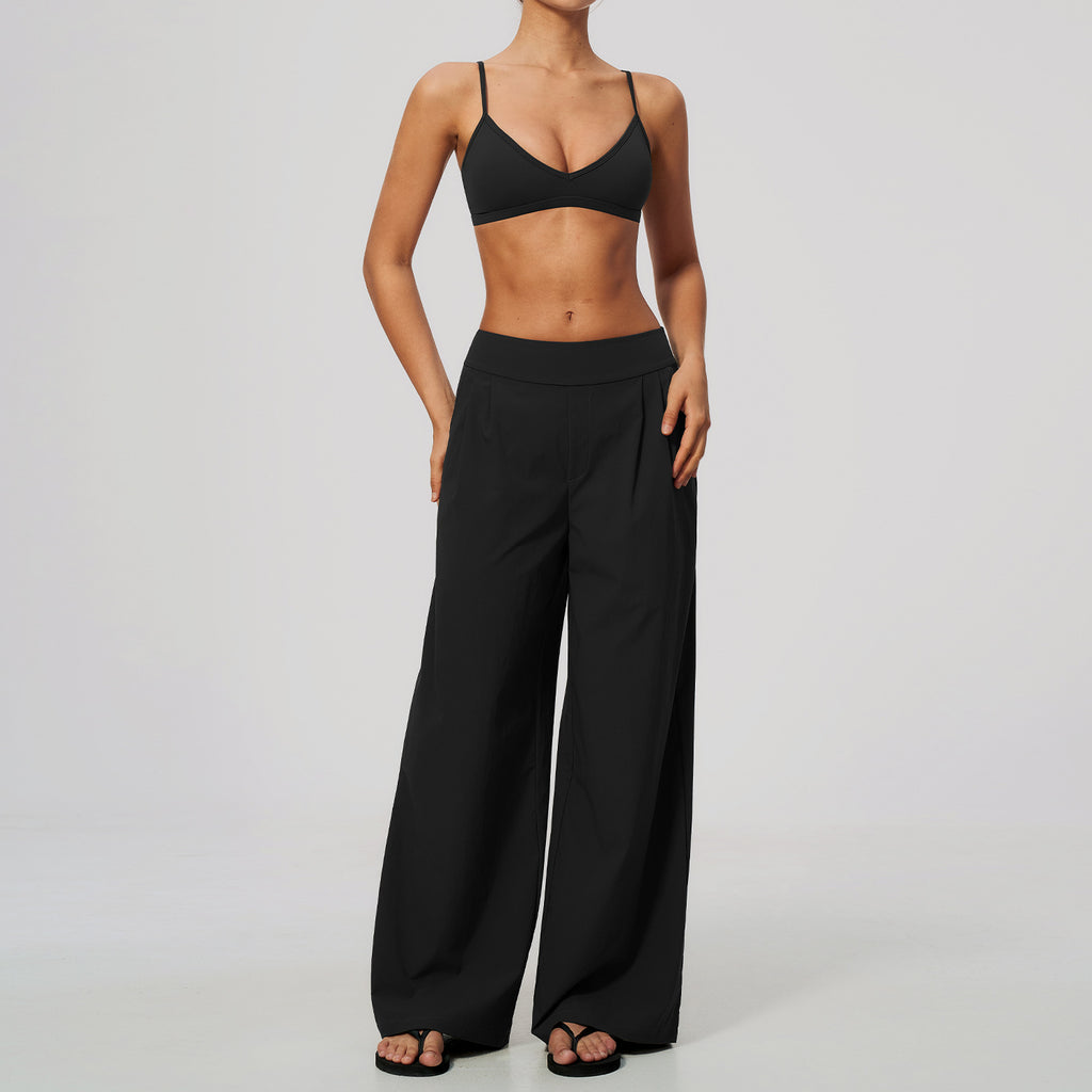 2 Piece Set Women V Neck Twist Back Adjustable Spaghetti Straps Sports Bra and High Waist Loose Casual Sports Wide Leg Pants