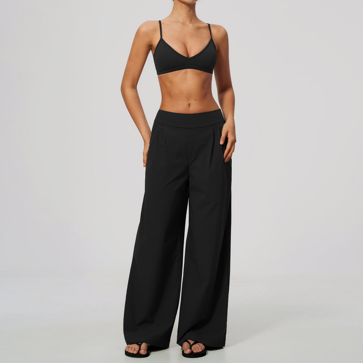 2 Piece Set Women V Neck Twist Back Adjustable Spaghetti Straps Sports Bra and High Waist Loose Casual Sports Wide Leg Pants