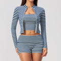 3 Piece Striped Yoga Set Long Sleeve Zip up Jacket Strapless Soft Tube Top Fold Over High Waist Yoga Biker Shorts Workout Outfit Gym Running Sports Activewear Set