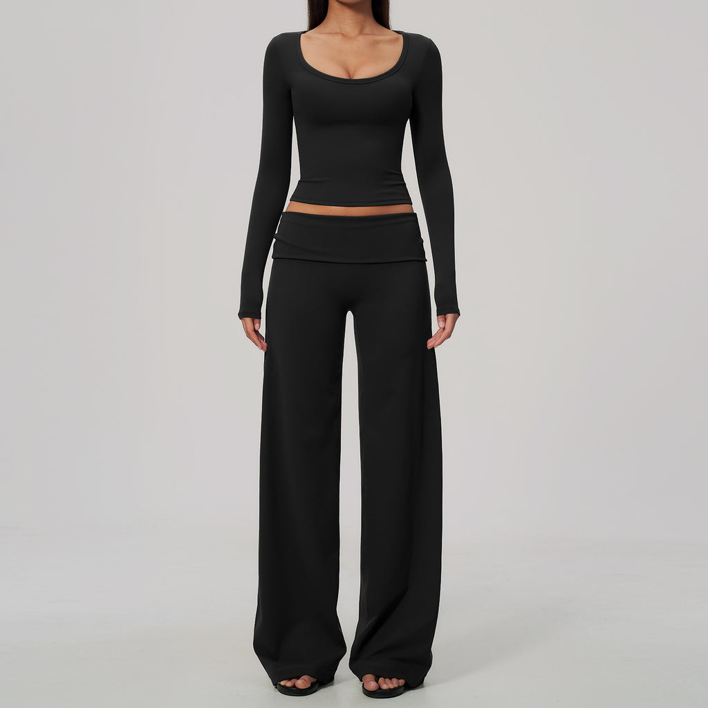 2 Piece Activewear Set U Neck Long Sleeve Crop Yoga Top with Removable Padded and High Waist Wide Leg Yoga Pants