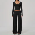 2 Piece Activewear Set U Neck Long Sleeve Crop Yoga Top with Removable Padded and High Waist Wide Leg Yoga Pants