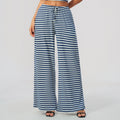 Women Ribbed Striped Wide Leg Pants Elastic Drawstring Waist Casual Loose Trousers With Pockets
