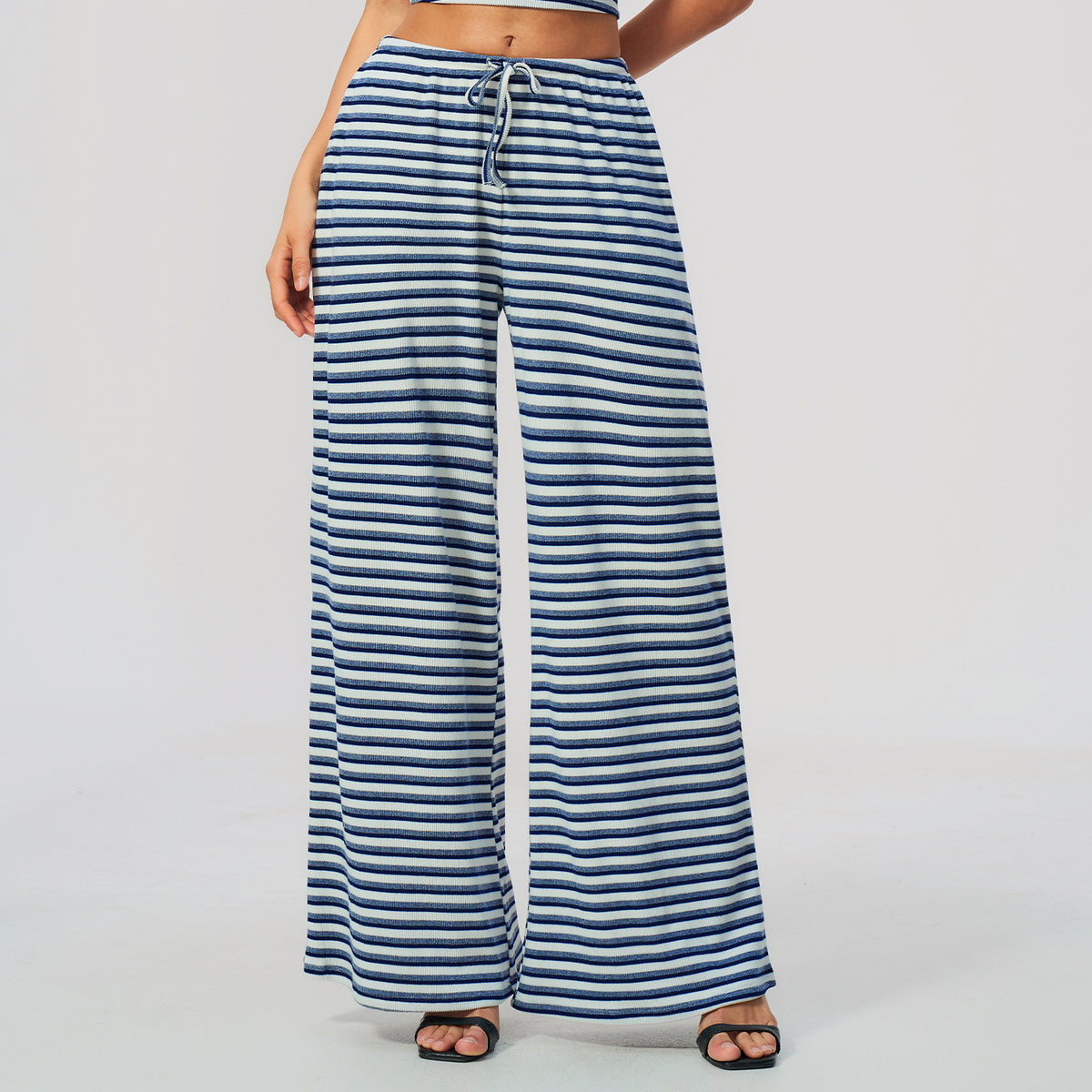 Women Ribbed Striped Wide Leg Pants Elastic Drawstring Waist Casual Loose Trousers With Pockets