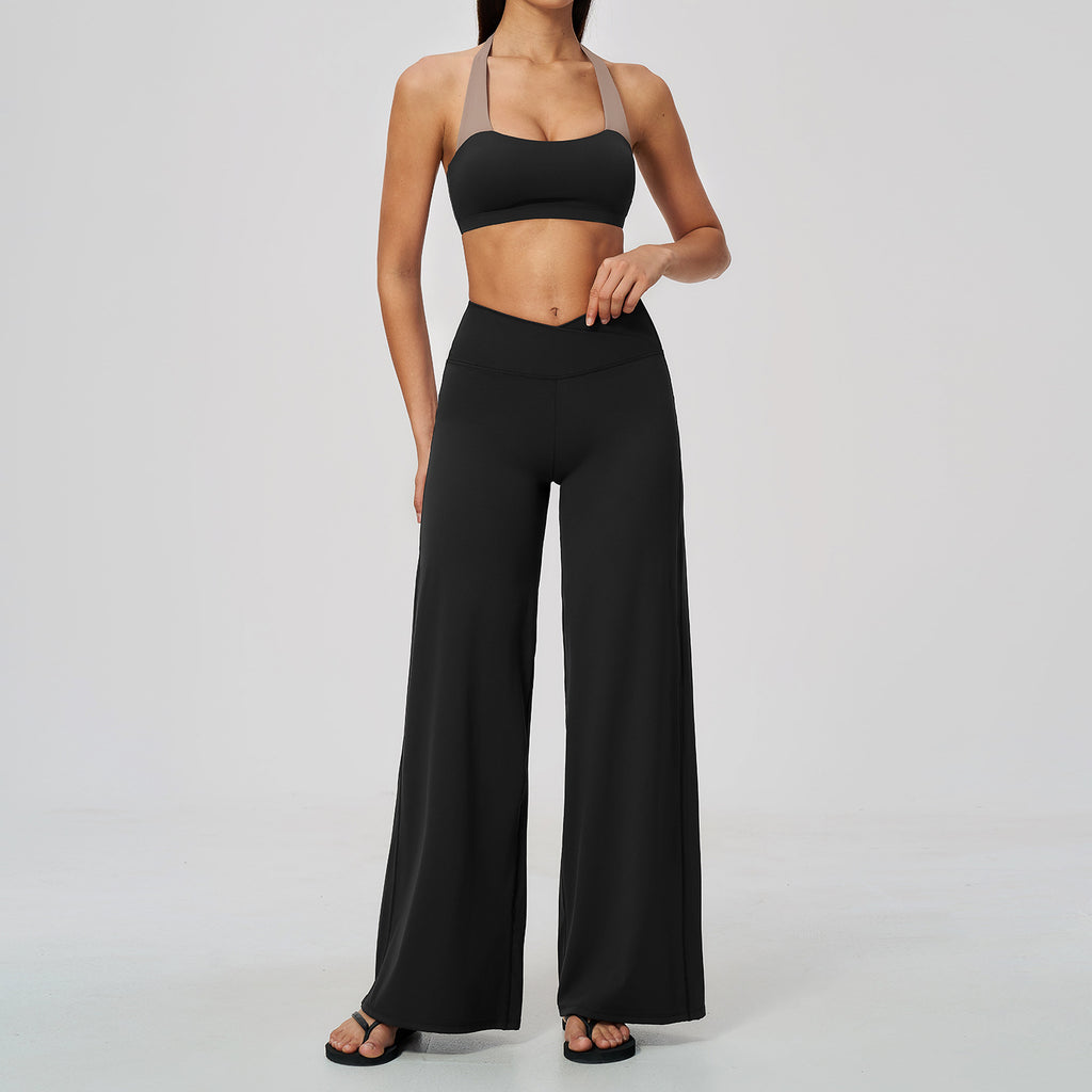 2 Piece Colorblock Halter Sports Bra and Cross Waist Wide Leg Yoga Pants Set