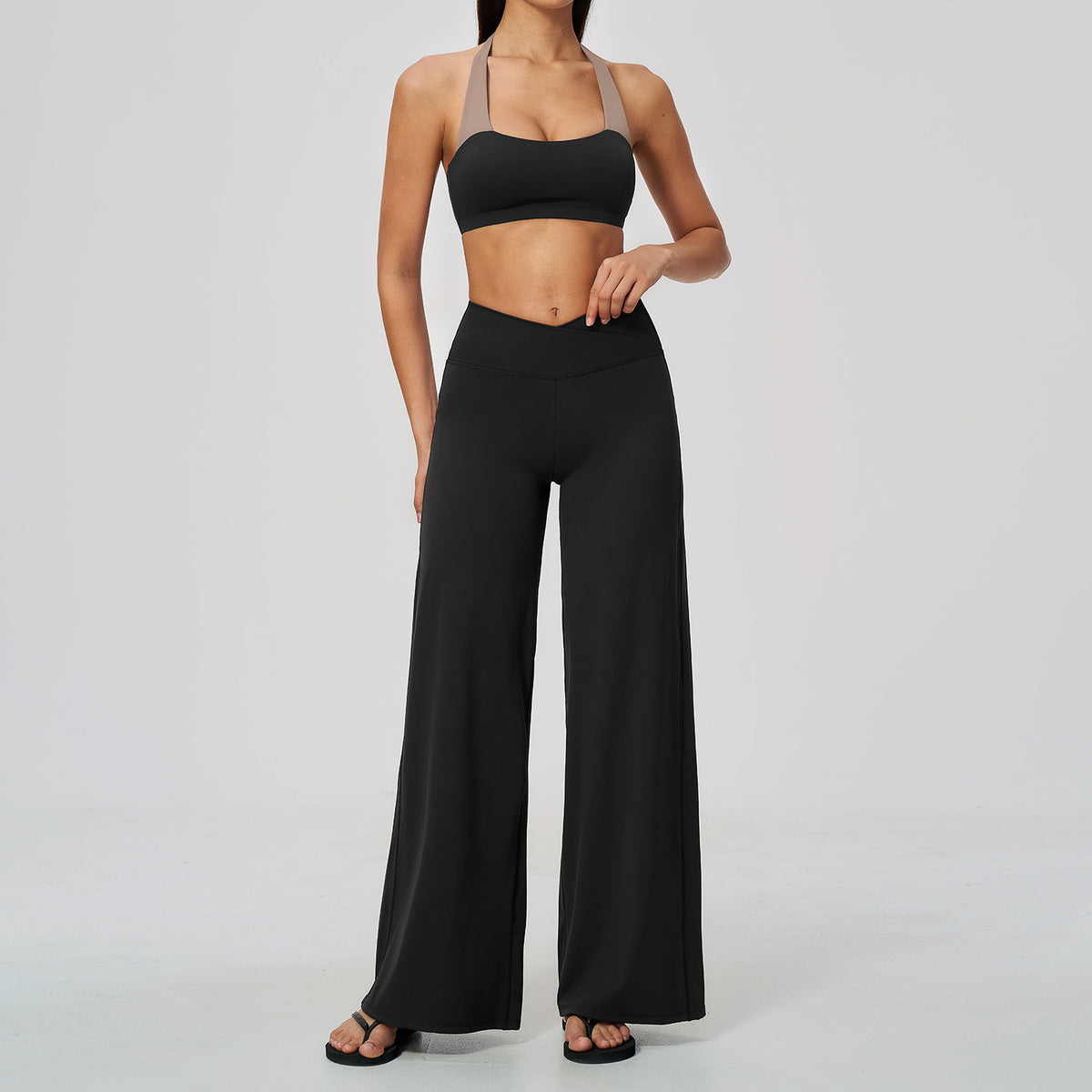 2 Piece Colorblock Halter Sports Bra and Cross Waist Wide Leg Yoga Pants Set