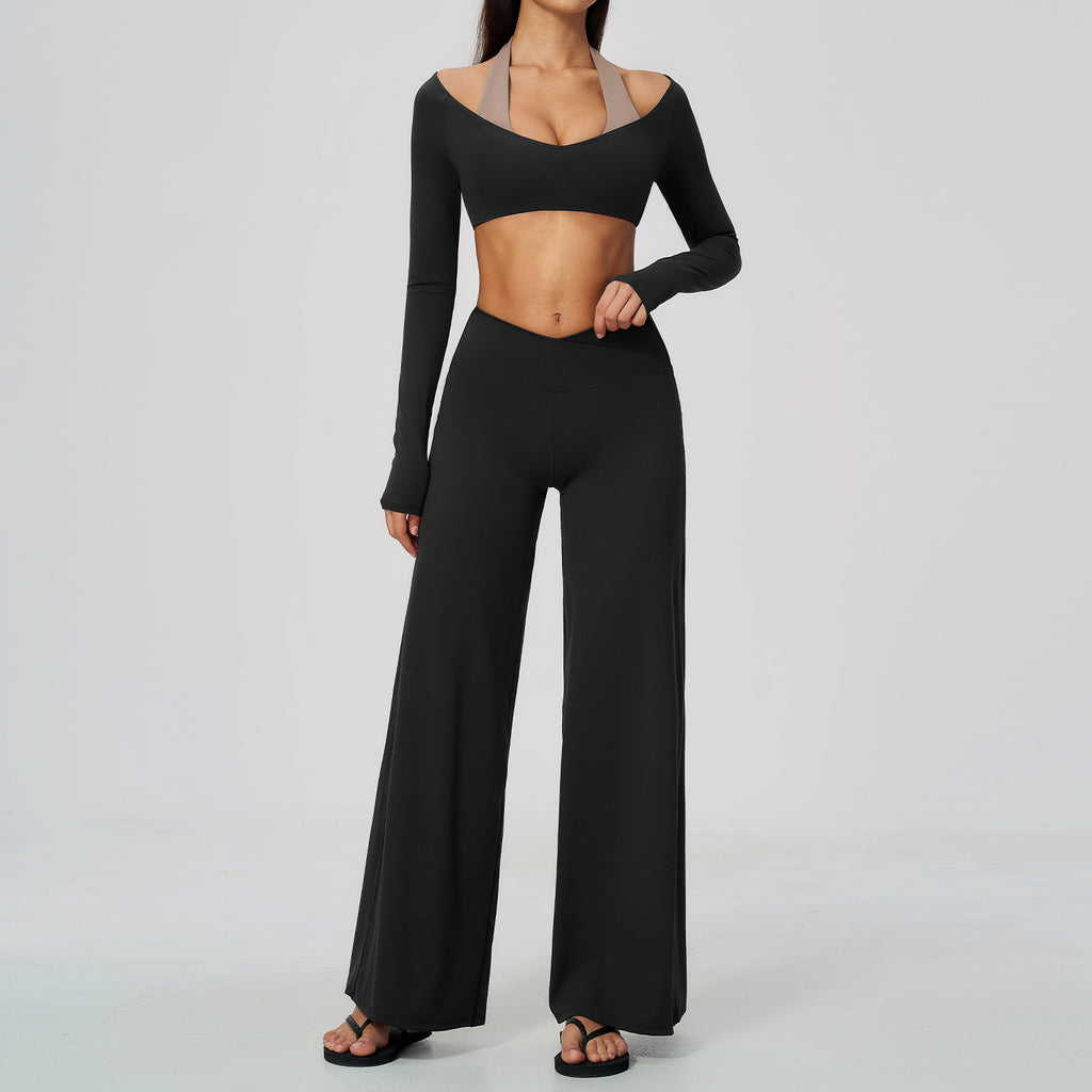 2 Piece Colorblock Halter Long Sleeve Cropped Yoga Top and Cross Waist Wide Leg Yoga Pants Set