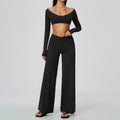 2 Piece Colorblock Halter Long Sleeve Cropped Yoga Top and Cross Waist Wide Leg Yoga Pants Set