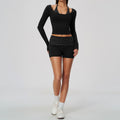 Women 2 Piece Yoga Set Halter Fake Two Piece Long Sleeve Yoga Top and Fold Over Striped Waist Biker Shorts