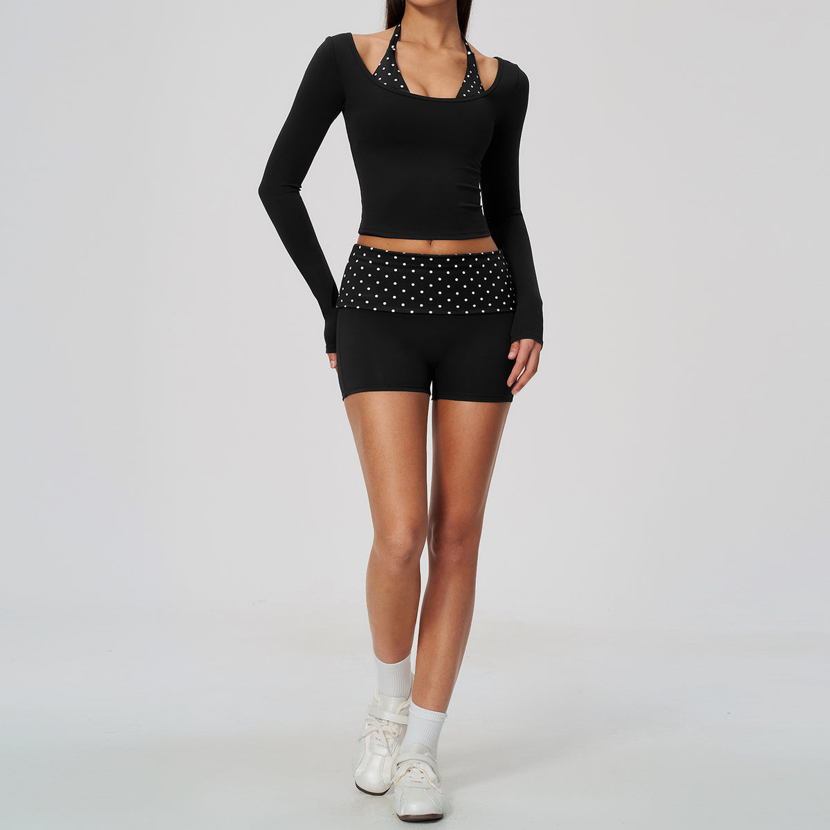 Women 2 Piece Yoga Set Halter Fake Two Piece Long Sleeve Yoga Top and Fold Over Striped Waist Biker Shorts