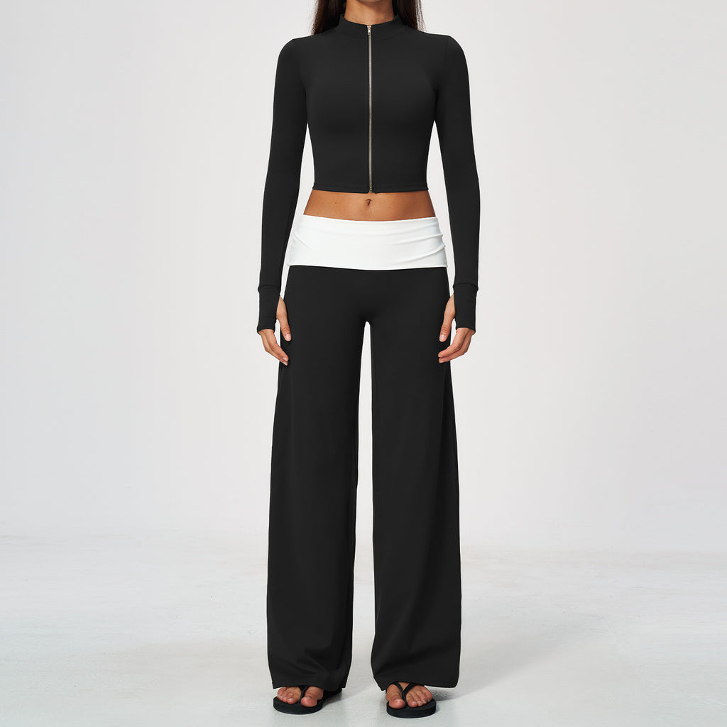 2 Piece Set Stand Collar Full Zip Cropped Running Yoga Workout Jacket and ColorBlock High Waisted Wide Leg Yoga Athletic Pants