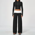 2 Piece Set Stand Collar Full Zip Cropped Running Yoga Workout Jacket and ColorBlock High Waisted Wide Leg Yoga Athletic Pants