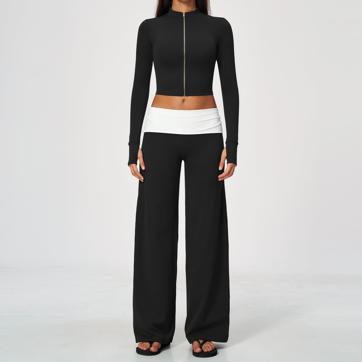 2 Piece Set Stand Collar Full Zip Cropped Running Yoga Workout Jacket and ColorBlock High Waisted Wide Leg Yoga Athletic Pants