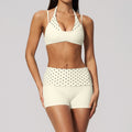 Women 2 Piece Yoga Set Halter Fake Two Piece Sports Bra and Fold Over Striped Waist Biker Shorts