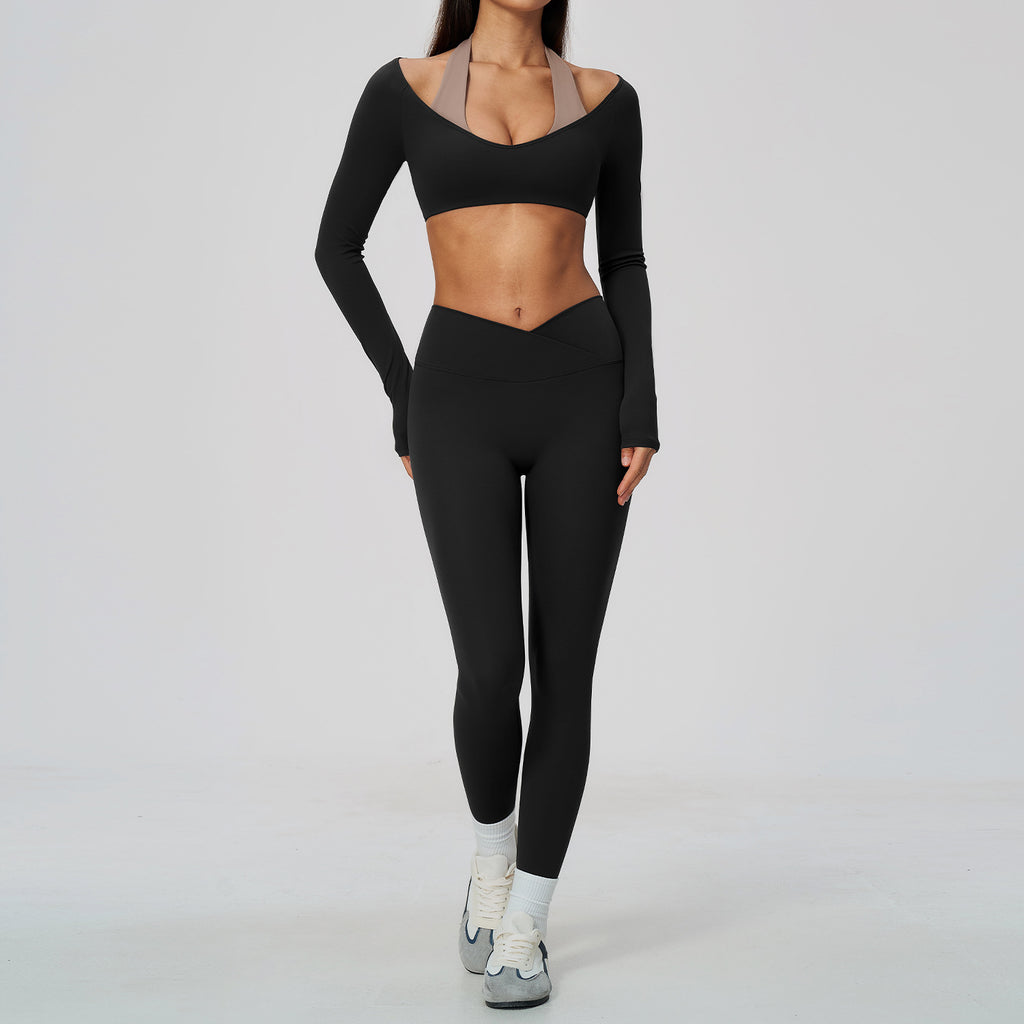 2 Piece Colorblock Halter Long Sleeve Cropped Yoga Top and Cross Waist Yoga Leggings Set
