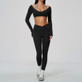 2 Piece Colorblock Halter Long Sleeve Cropped Yoga Top and Cross Waist Yoga Leggings Set