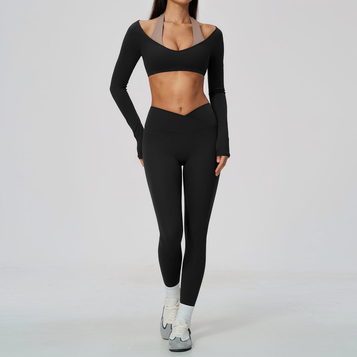 2 Piece Colorblock Halter Long Sleeve Cropped Yoga Top and Cross Waist Yoga Leggings Set