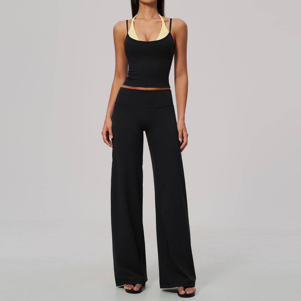 2 Piece Colorblock Double Strap Halter Yoga Vest and High Waisted Loose Fit Wide Leg Yoga Pants Set