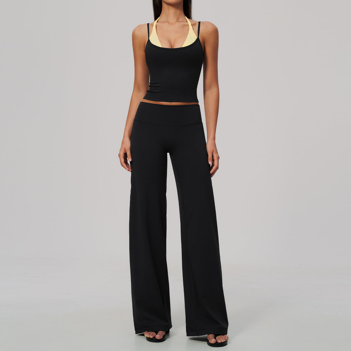 2 Piece Colorblock Double Strap Halter Yoga Vest and High Waisted Loose Fit Wide Leg Yoga Pants Set