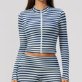 Women Ribbed Striped Stand Collar Long Sleeve Cropped Yoga Sports Zip up Jacket