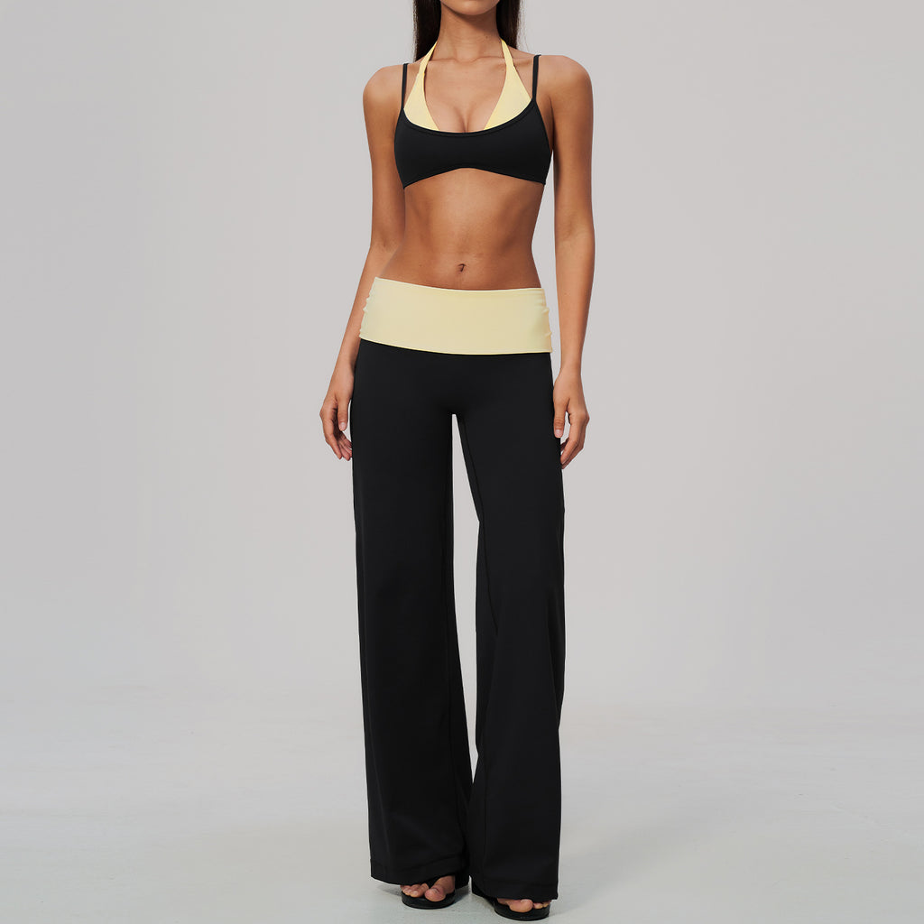 2 Piece Colorblock Double Strap Halter Sports Bra and Foldover Waist High-Rise Loose Wide Leg Yoga Pants Set