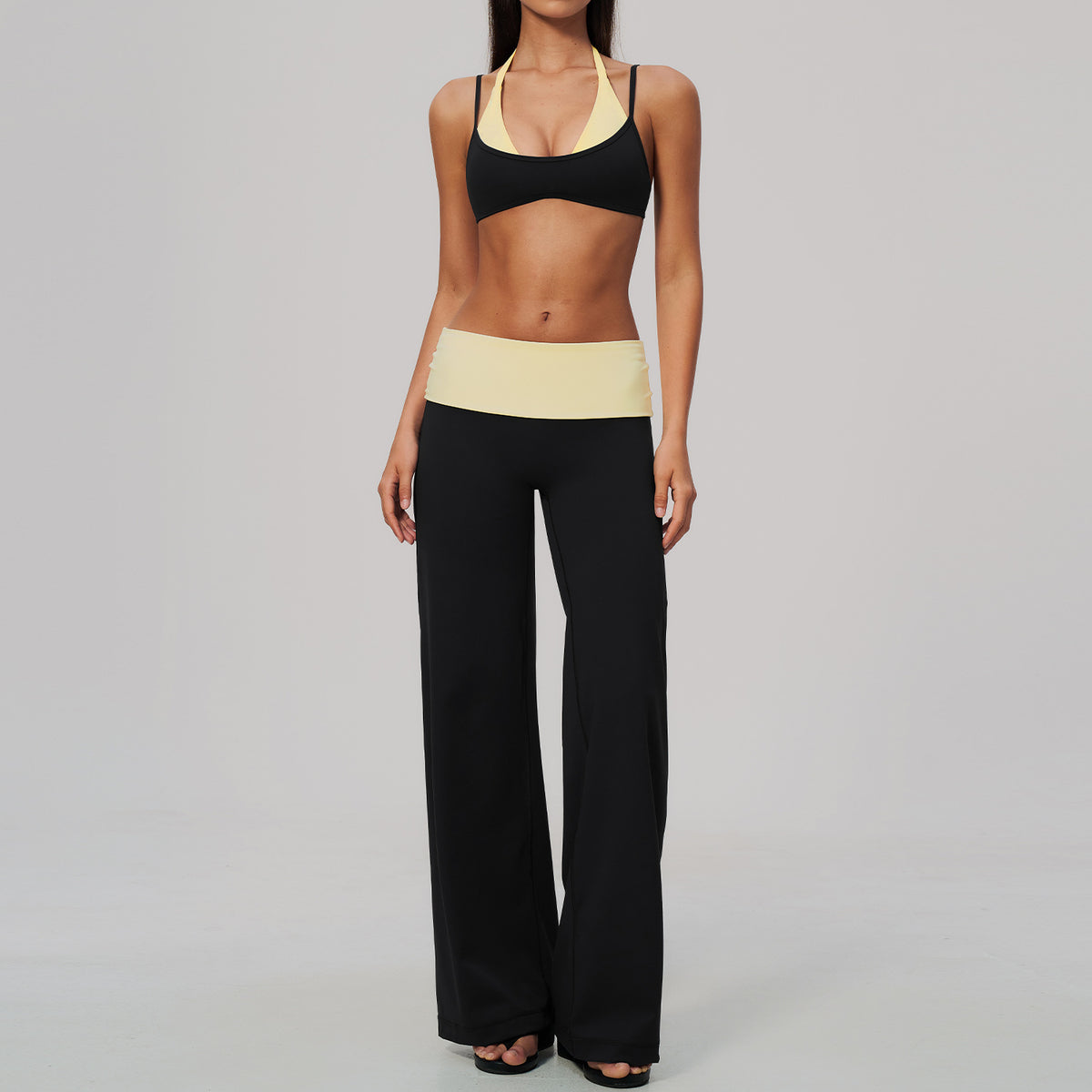 2 Piece Colorblock Double Strap Halter Sports Bra and Foldover Waist High-Rise Loose Wide Leg Yoga Pants Set