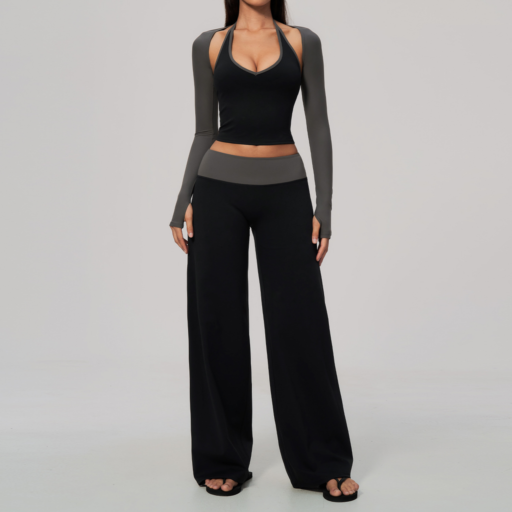Women 3 Piece Contrast Color Halter Neck Yoga Set Long Sleeve Shrug V Neck Yoga Vest Wide Leg Pants