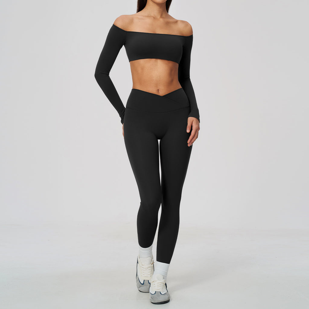2 Piece Off-The-Shoulder Long Sleeve Crop Top and Cross Waist Yoga Leggings Set
