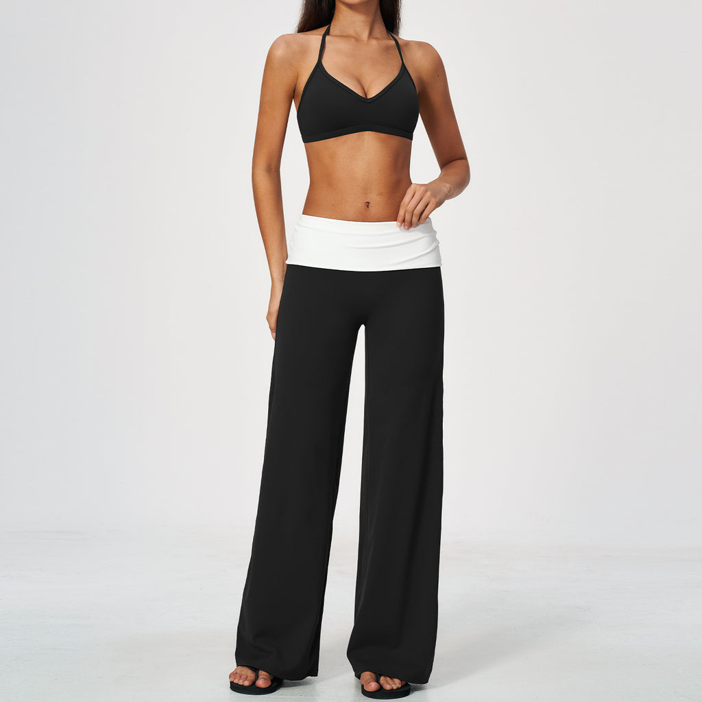 2 Piece Set Deep V-Neck Halter Thin Strap Backless Sports Bra and ColorBlock High Waisted Wide Leg Yoga Athletic Pants