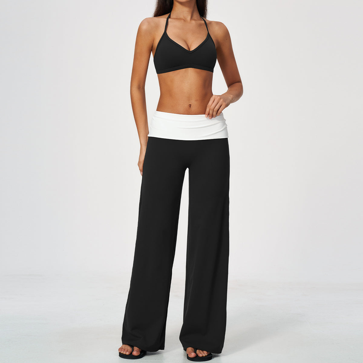 2 Piece Set Deep V-Neck Halter Thin Strap Backless Sports Bra and ColorBlock High Waisted Wide Leg Yoga Athletic Pants