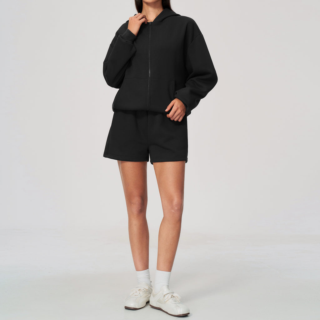 Women 2 Piece Fall Winter Tracksuits Fleece Lined Full Zip Oversized Hooded Jacket and Drawstring Waist Loose Sweat Shorts with Pocket