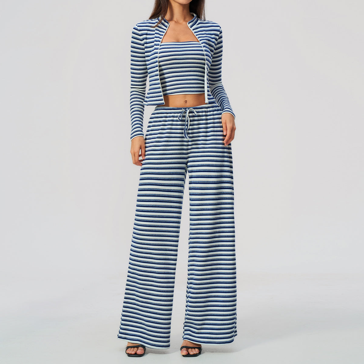 3 Piece Striped Yoga Set Long Sleeve Zip up Jacket Strapless Soft Tube Top Elastic Drawstring Waist Wide Leg Pants Workout Outfit Gym Running Sports Activewear Set