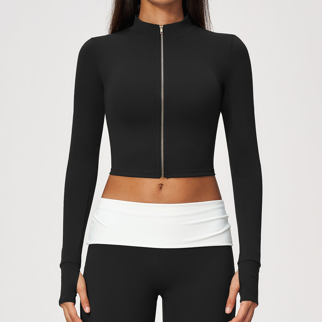 Women Stand Collar Full Zip Cropped Running Yoga Workout Jacket with Thumb Holes