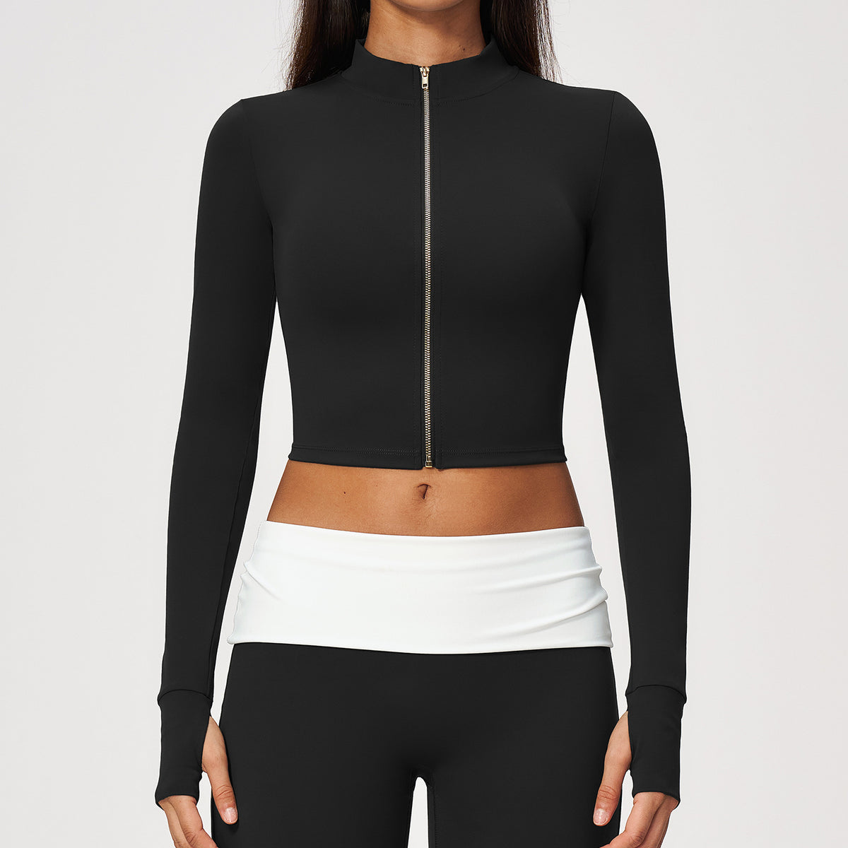 Women Stand Collar Full Zip Cropped Running Yoga Workout Jacket with Thumb Holes
