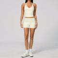 Women 2 Piece Yoga Set Halter Fake Two Piece Yoga Vest and Fold Over Striped Waist Biker Shorts