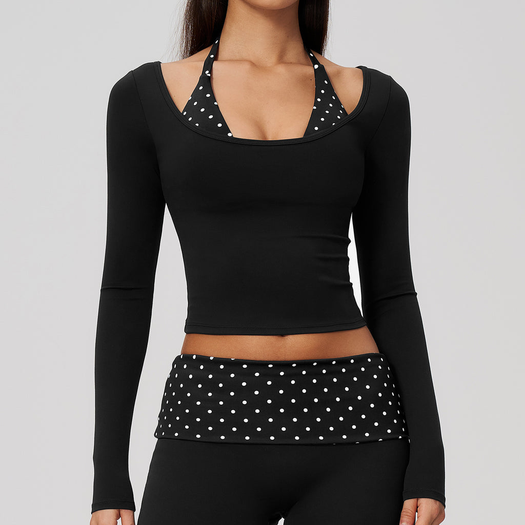 Women Halter Fake Two Piece Long Sleeve Yoga Top High Elastic Slim Fit Workout Sports Gym Active Shirt