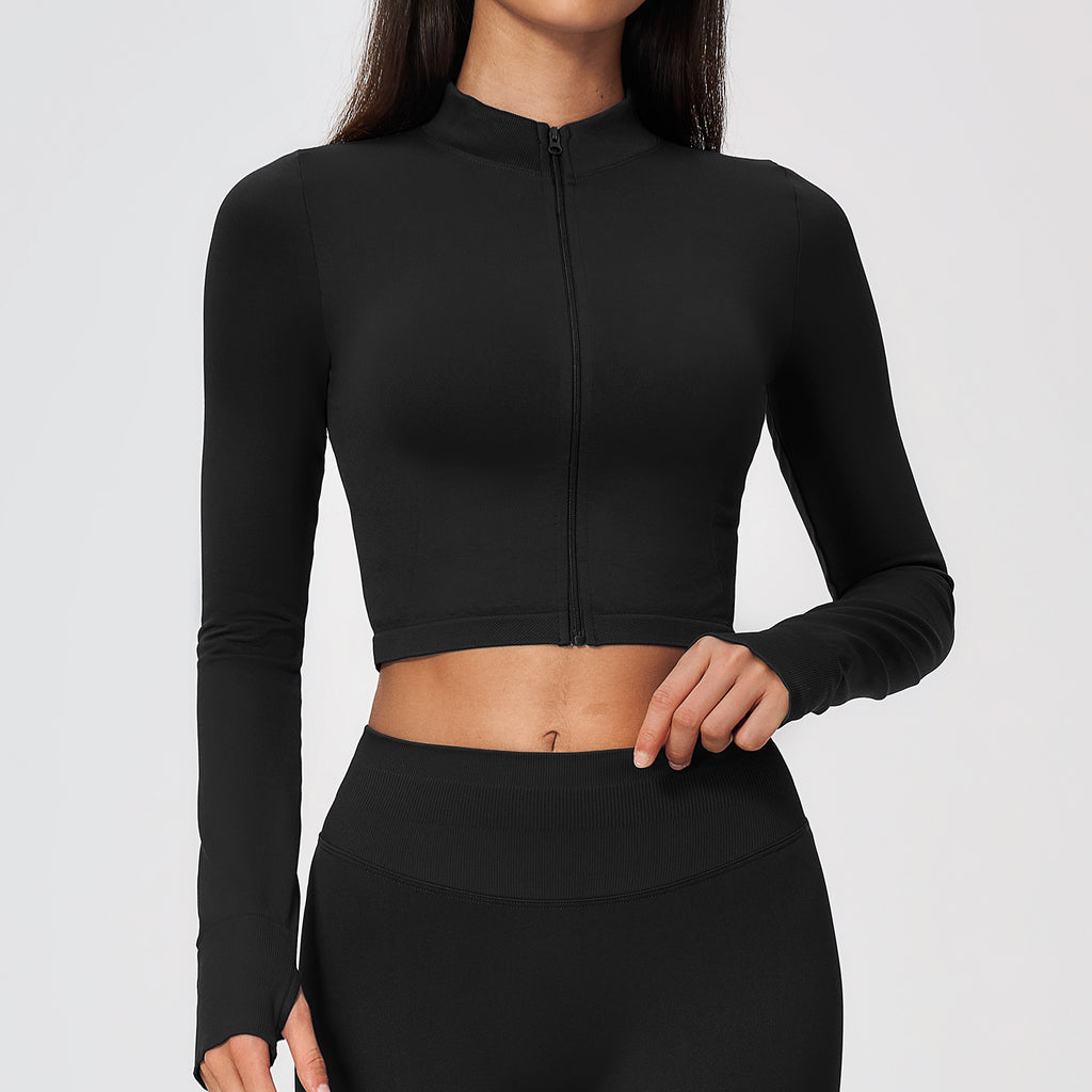 Women Seamless Stand Collar Full Zip Slim Fit Long Sleeve Thumb Hole Fitness Sports Jacket