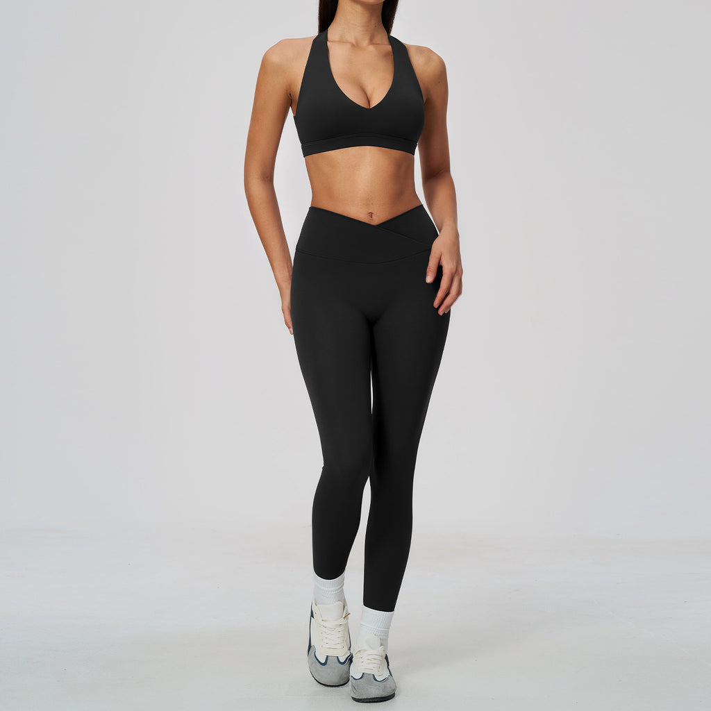 2 Piece Deep V-Neck Sports Bra and Cross Waist Yoga Leggings Set